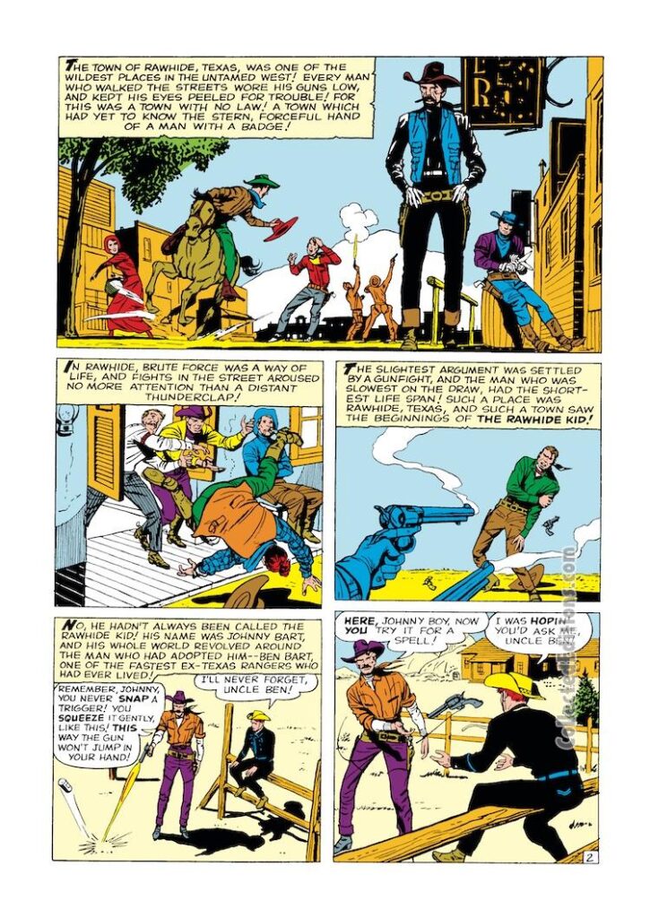 Rawhide Kid #17, “Beware! The Rawhide Kid!”, pg. 2; pencils, Jack Kirby; inks, Dick Ayers; first appearance, Johnny Bart, Uncle Ben Bart, Rawhide Texas, Marvel Western, Stan Lee