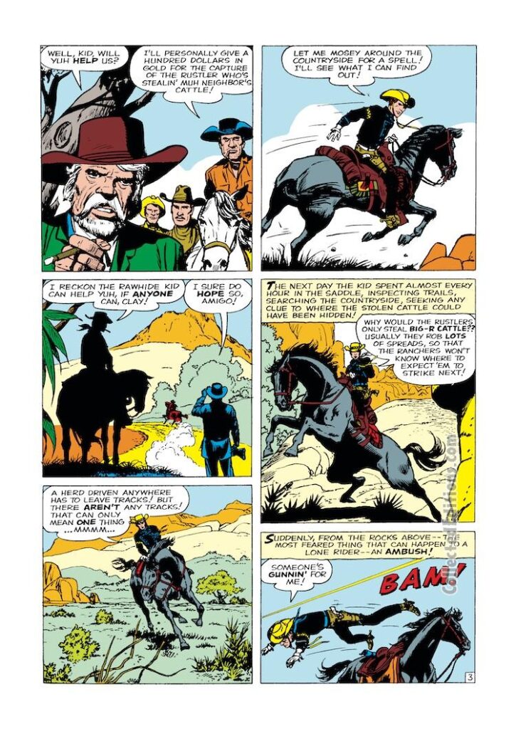 Rawhide Kid #17, “When the Rawhide Kid Turned…Outlaw!”, pg. 3; pencils, Jack Kirby; inks, Dick Ayers; Nightwind