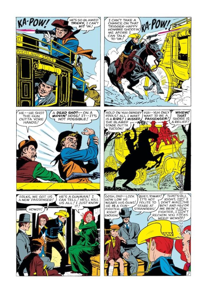 Rawhide Kid #17, “Stagecoach to Shotgun Gap!”, pg. 2; pencils, Jack Kirby; inks, Dick Ayers; Johnny Bart; Nightwind, Western
