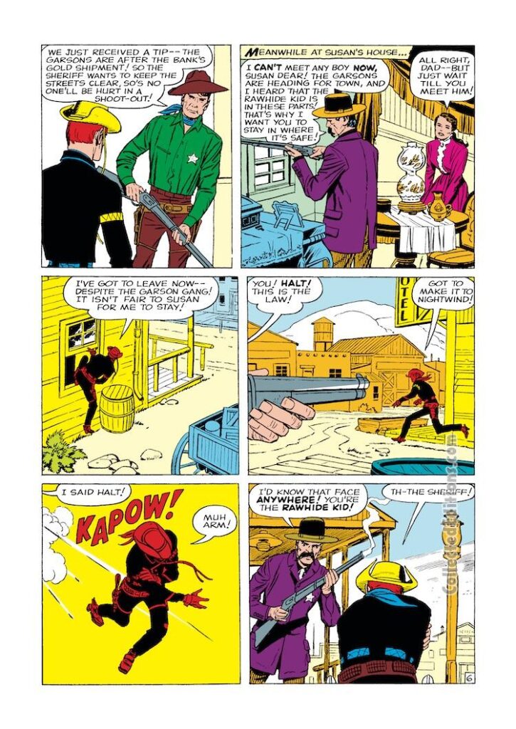 Rawhide Kid #19, “Gun Duel in Trigger Gap!”, pg. 6; pencils, Jack Kirby; inks, Dick Ayers; The Garson Gang, Susan, Nightwind