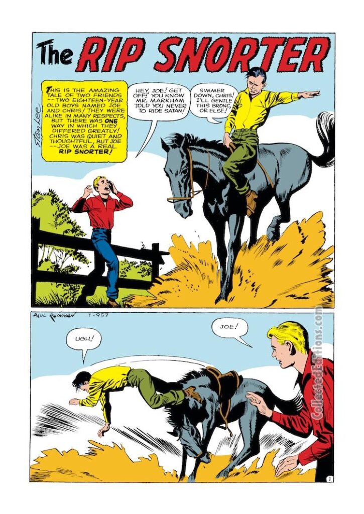 Rawhide Kid #19, “The Rip Snorter”, pg. 1; pencils and inks, Paul Reinman, Joe, Chris, mustang, breaking a horse