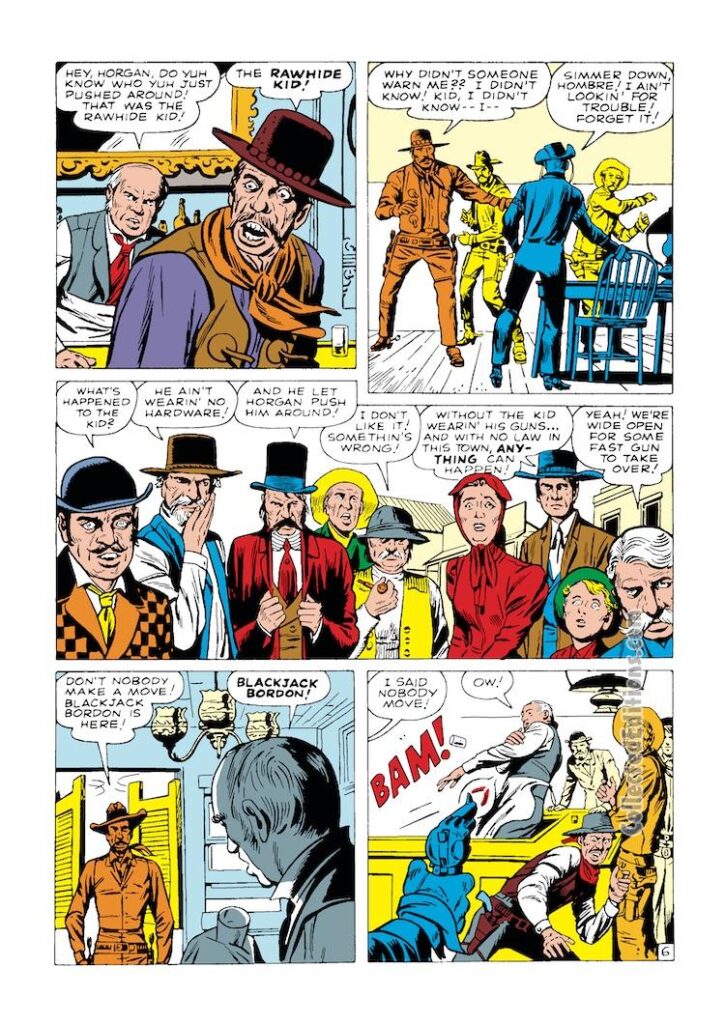 Rawhide Kid #20, “Shoot-Out with Blackjack Bordon”, pg. 6; pencils, Jack Kirby; inks, Dick Ayers; Horgan
