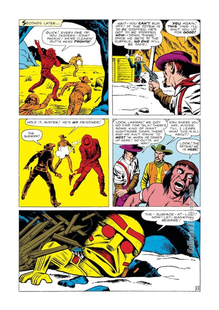 Rawhide Kid #22, “Beware!! The Terrible Totem!!”, pg. 13; pencils, Jack Kirby; inks, Dick Ayers; Marvel Western/Monster Comics, Johnny Bart