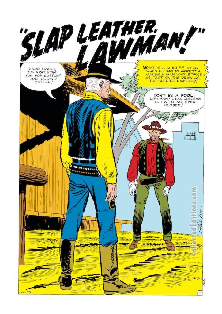 Rawhide Kid #22, “Slap Leather, Lawman!”, pg. 1; pencils and inks, Don Heck; Rand Crass, Sheriff, gunfight