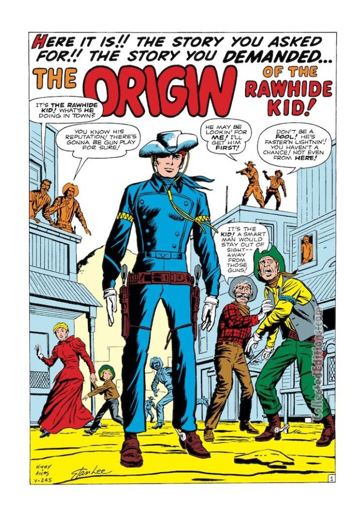 Rawhide Kid #23, “The Origin of the Rawhide Kid!”, pg. 1; pencils, Jack Kirby; inks, Dick Ayers, Stan Lee