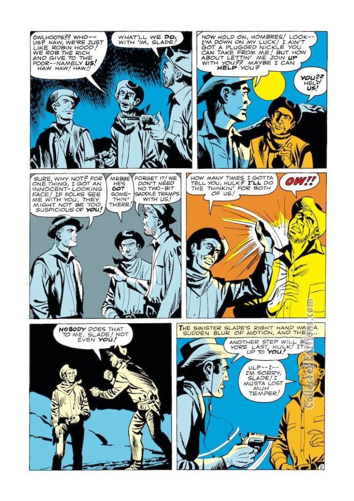 Rawhide Kid #23, “They Called Him Outlaw!”, pg. 2; pencils, Jack Kirby; inks, Dick Ayers; Owlhoots, Slade, Hulk, Robin Hood, backup story