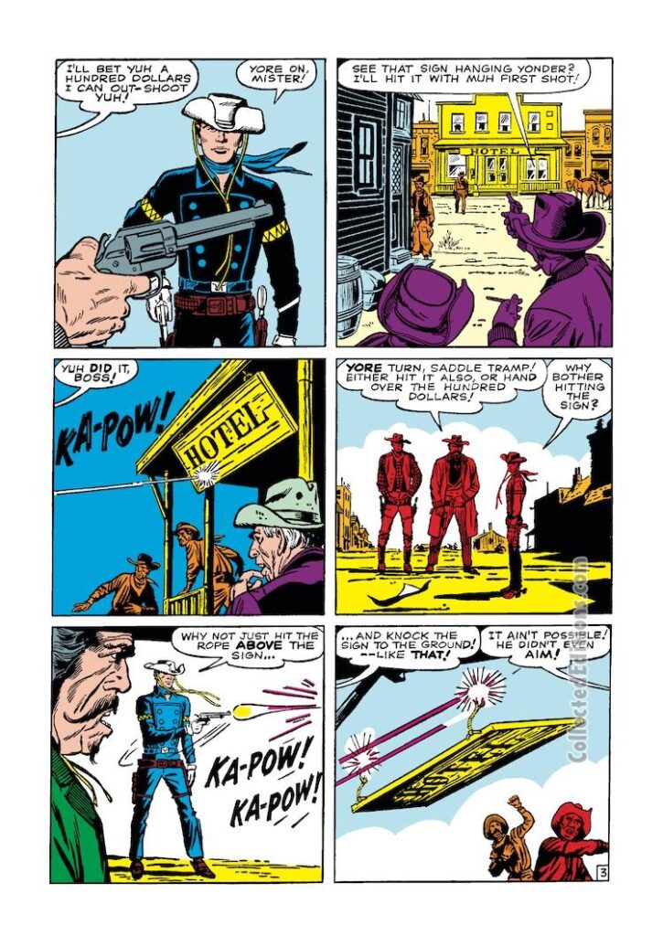 Rawhide Kid #24, “Gunman’s Gamble!”, pg. 3; pencils, Jack Kirby; inks, Dick Ayers, trick shooting