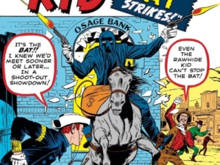 Rawhide Kid #25 cover; pencils, Jack Kirby; inks, Dick Ayers; The Bat, Osage Bank, costumed Western supervillain