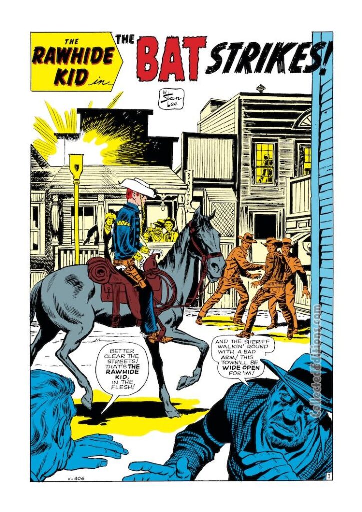 Rawhide Kid #25, “The Bat Strikes!”, pg. 1; pencils, Jack Kirby; inks, Dick Ayers, Western super-villain