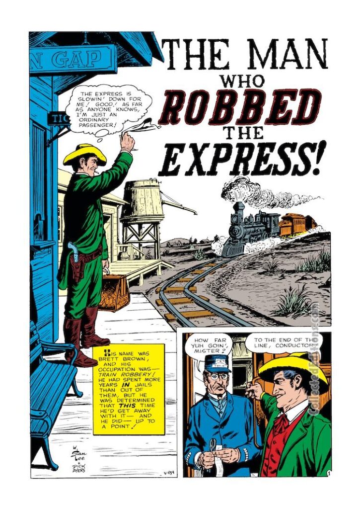 Rawhide Kid #25, “The Man Who Robbed the Express!”, pg. 1; pencils and inks, Dick Ayers; Brett Brown, train robbery, Marvel Western