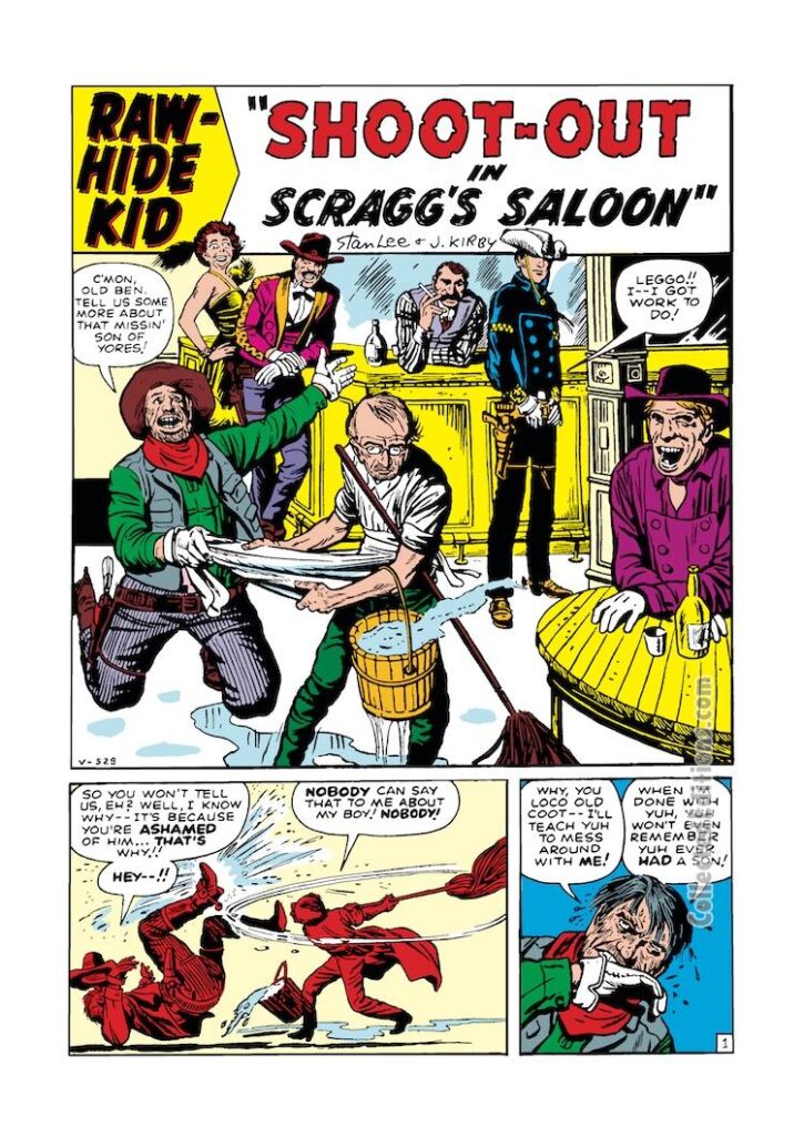 Rawhide Kid #26, “Shoot-Out in Scragg’s Saloon”, pg. 1; pencils, Jack Kirby; inks, Dick Ayers; Stan Lee