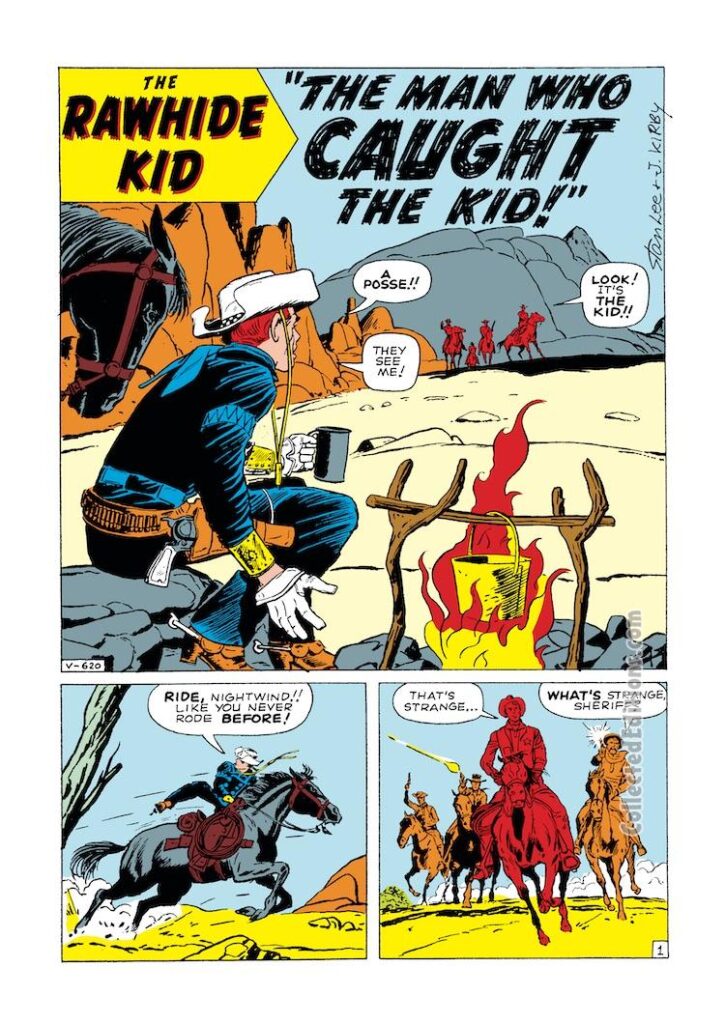 Rawhide Kid #27, “The Man Who Caught the Kid!”, pg. 1; pencils, Jack Kirby; inks, Dick Ayers; Nightwind, Stan Lee, Western comics