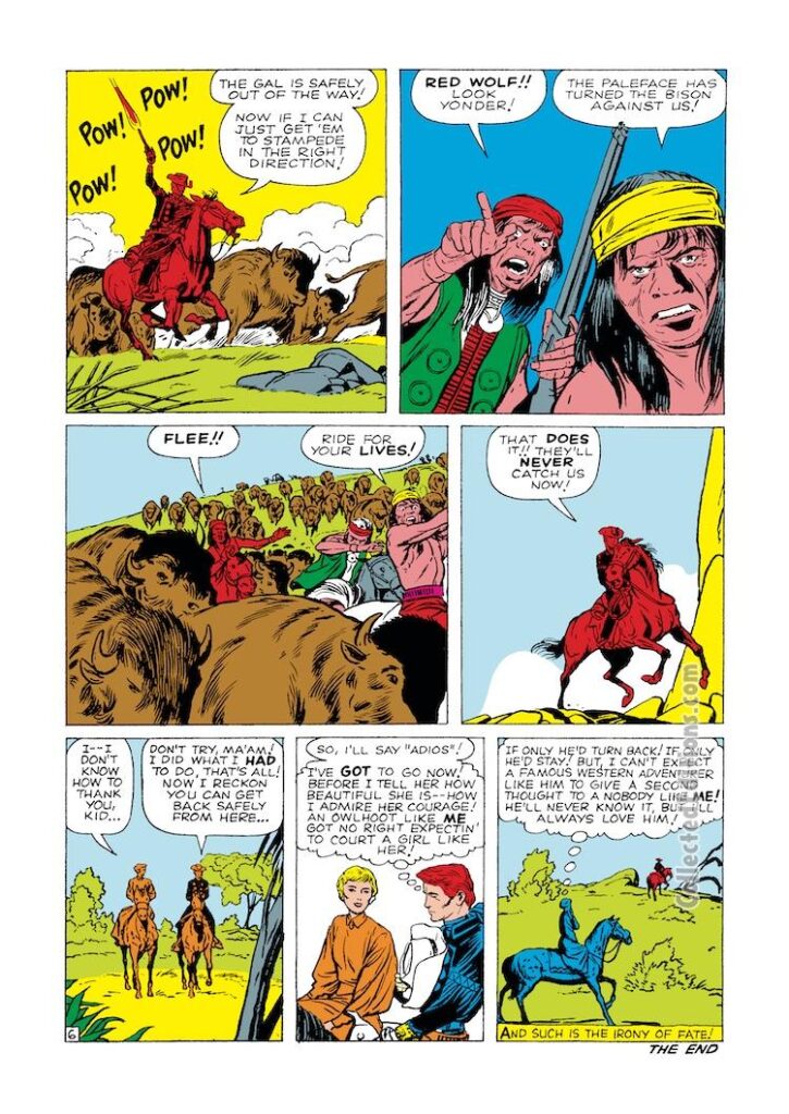 Rawhide Kid #27, “The Girl, the Gunman, and the Apaches!”, pg. 6; pencils, Jack Kirby; inks, Dick Ayers; Apache Indian Tribe, war chief, Red Wolf