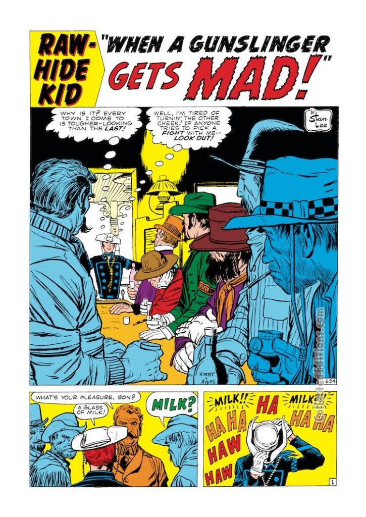 Rawhide Kid #28, “When a Gunslinger Gets Mad!”, pg. 1; pencils, Jack Kirby; inks, Dick Ayers; glass of milk
