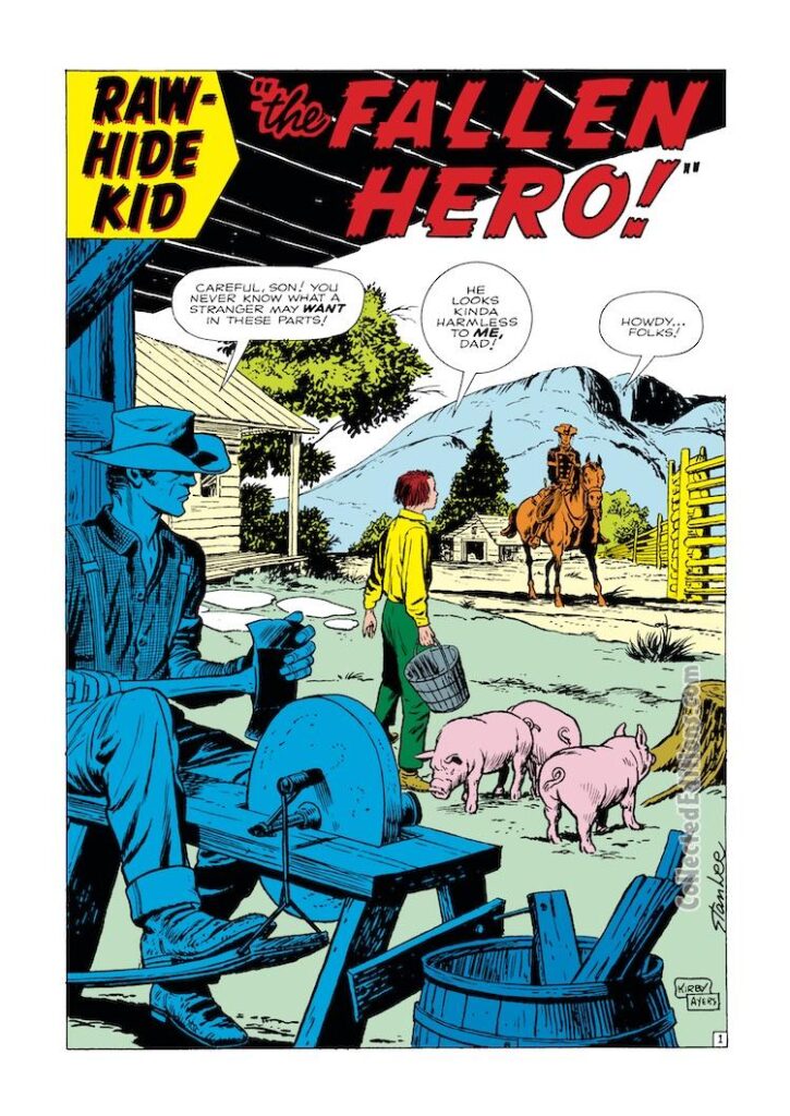 Rawhide Kid #29, “The Fallen Hero!”, pg. 1; pencils, Jack Kirby; inks, Dick Ayers’’