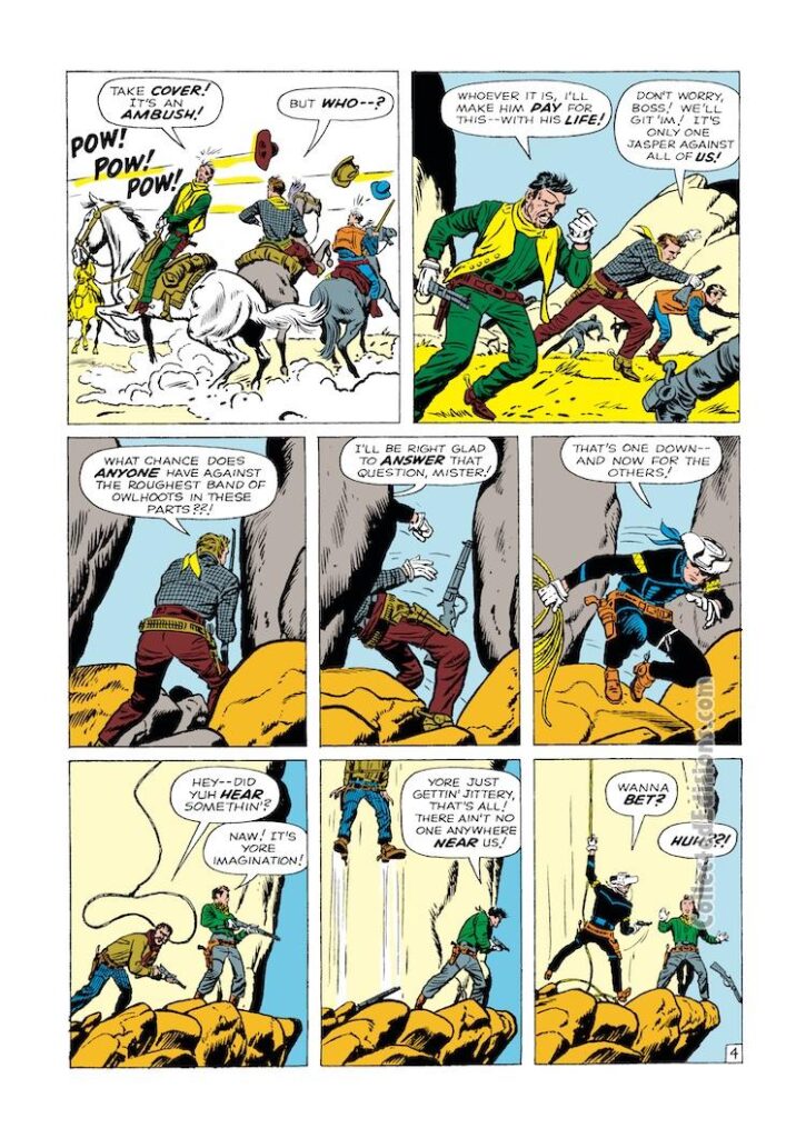 Rawhide Kid #30, “Showdown with the Crow Mangum Gang!”, pg. 4; pencils, Jack Kirby; inks, Dick Ayers