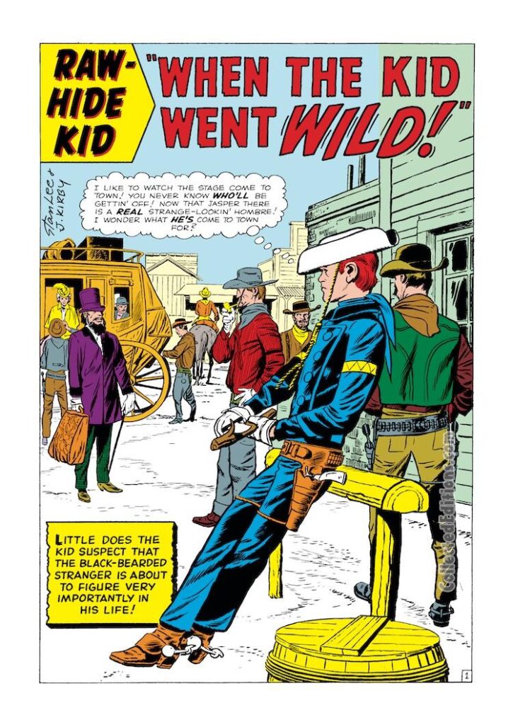 Rawhide Kid #30, “When the Kid Went Wild!”, pg. 1; pencils, Jack Kirby; inks, Dick Ayers; Western, splash page, Stan Lee