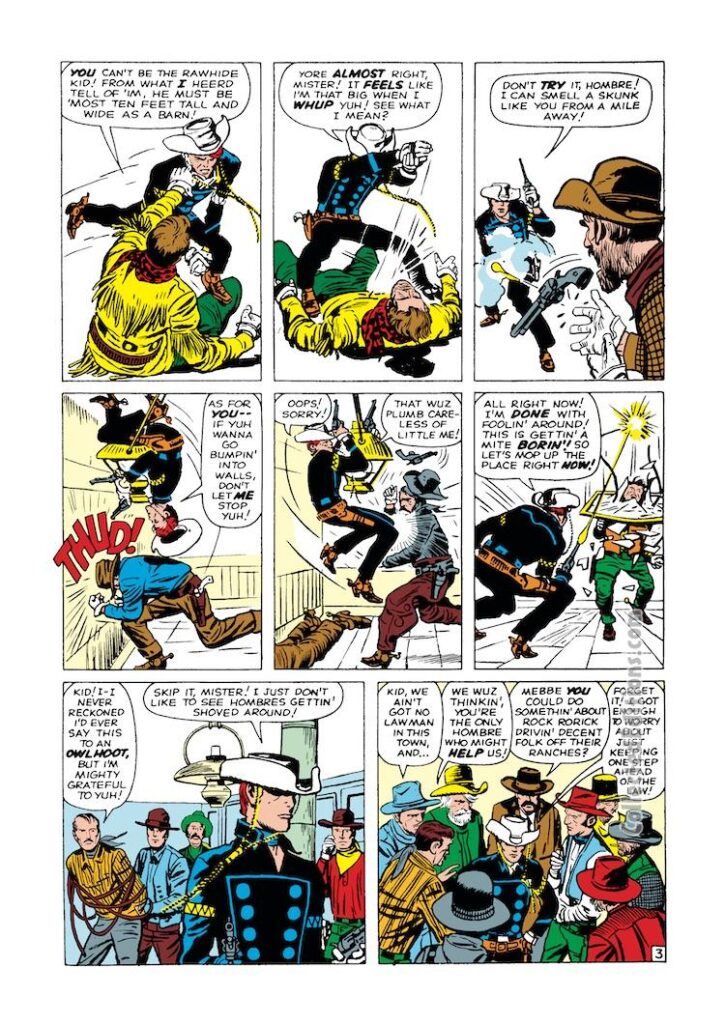 Rawhide Kid #31, “Shoot-Out with Rock Rorick!”, pg. 3; pencils, Jack Kirby; inks, Dick Ayers