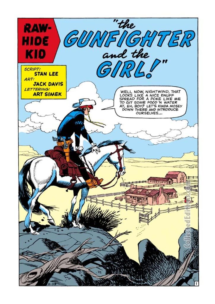 Rawhide Kid #33, “The Gunfighter and the Girl!”, pg. 1; pencils and inks, Jack Davis; Stan Lee, splash page, Nightwind, EC Comics, Western