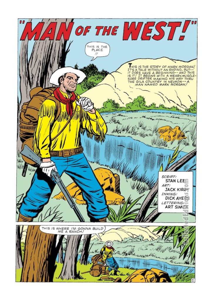 Rawhide Kid #34, “Man of the West!”, pg. 1; pencils, Jack Kirby; inks, Dick Ayers; Stan Lee, pioneer spirit, Marvel Comics