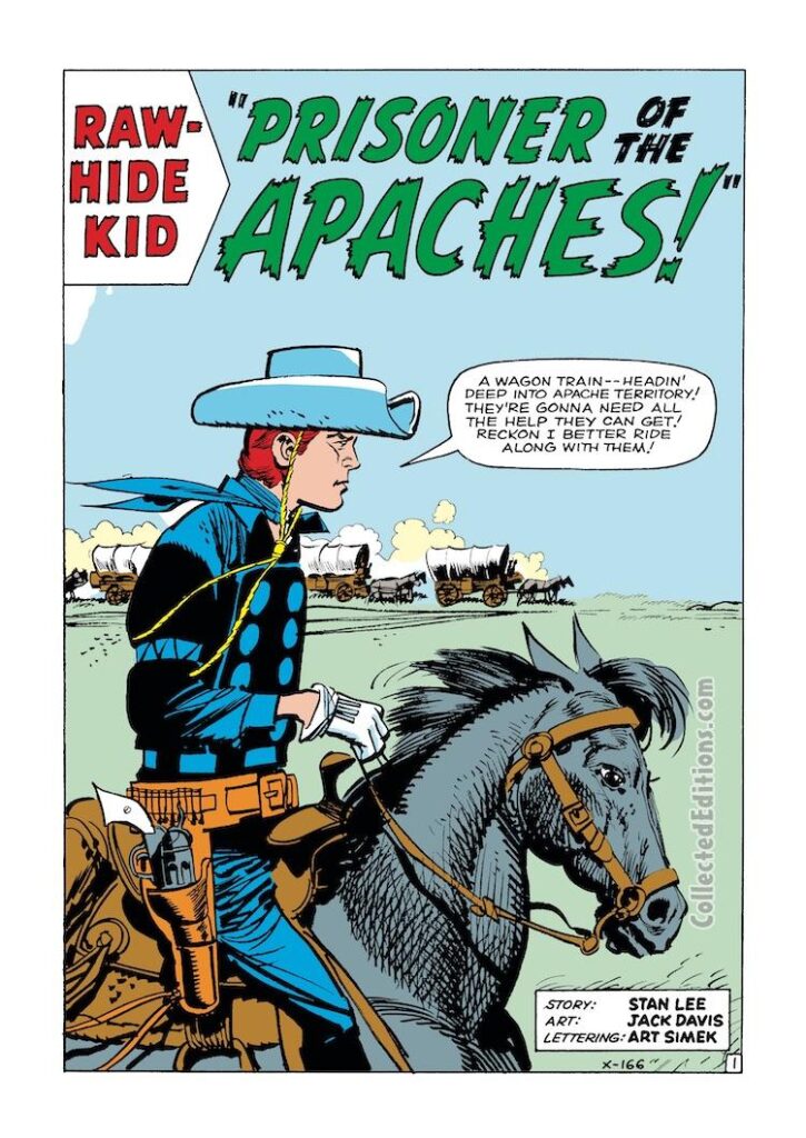 Rawhide Kid #34, “Prisoner of the Apaches!”, pg. 1; pencils and inks, Jack Davis; wagon train, Marvel, Western. Nightwind
