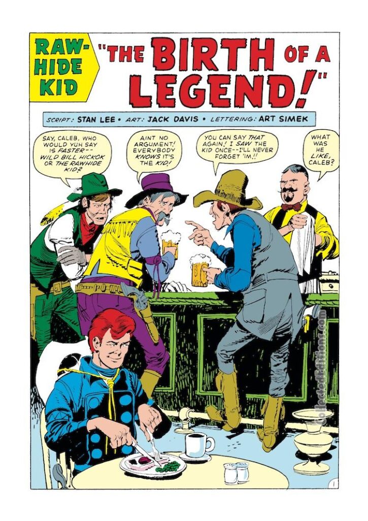 Rawhide Kid #35, “The Birth of a Legend!”, pg. 1; pencils and inks, Jack Davis; Caleb, Wild Bill Hickock, fast draw, gunslinger