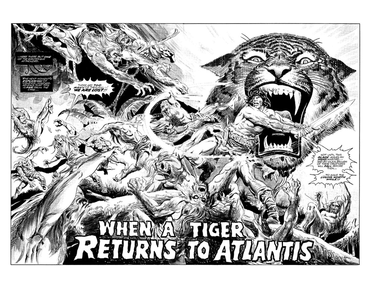 Savage Sword of Conan #9, pg. 36-37; pencils and inks, Sonny Trinidad; When a Tiger Returns to Atlantis, King Kull, backup story, double-page spread