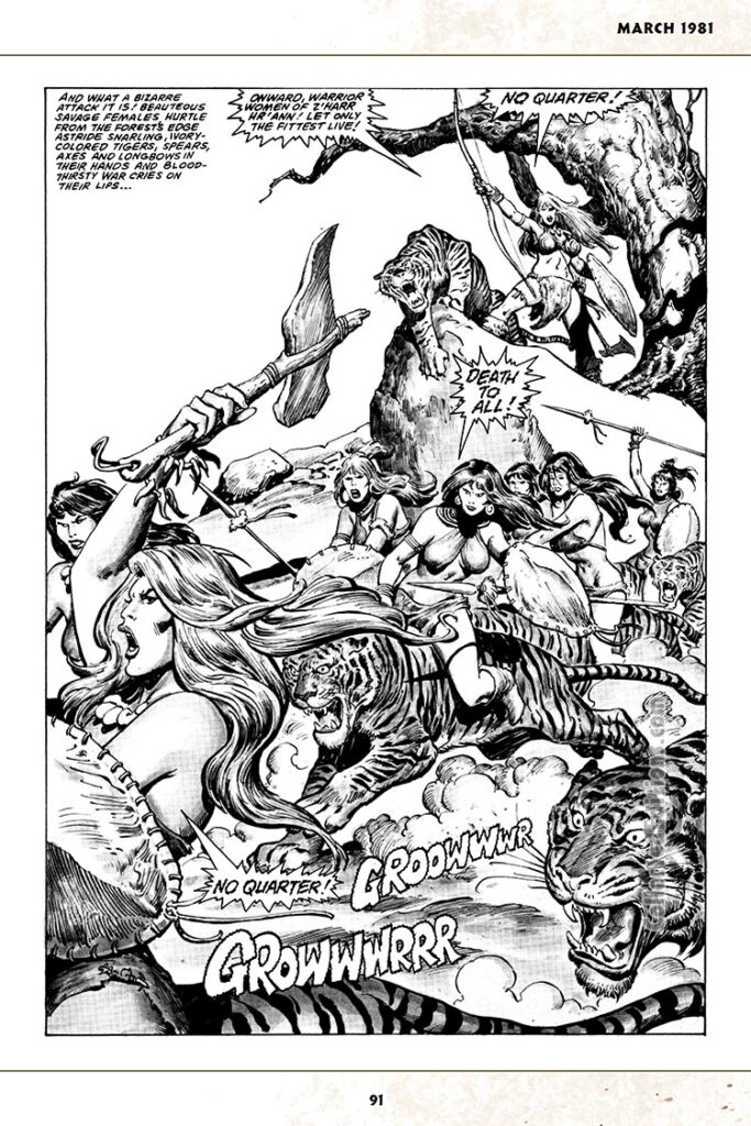 Savage Sword of Conan #62, “The Temple of the Tiger”, pg. 19; pencils, John Buscema; inks, Ernie Chan; Conan the Barbarian, Warrior Women of Z’Harr Hr’Ann, tigers, No Quarter