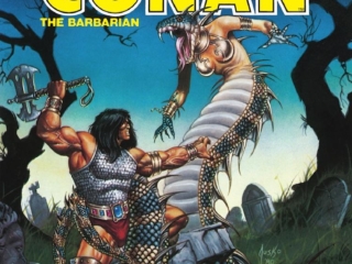 Savage Sword of Conan #65 cover; painted art by Joe Jusko; battle axe, snake woman monster