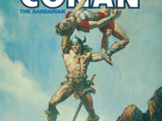 Savage Sword of Conan #66 cover; painted art by Joe Chiodo; Conan throws man from cliff