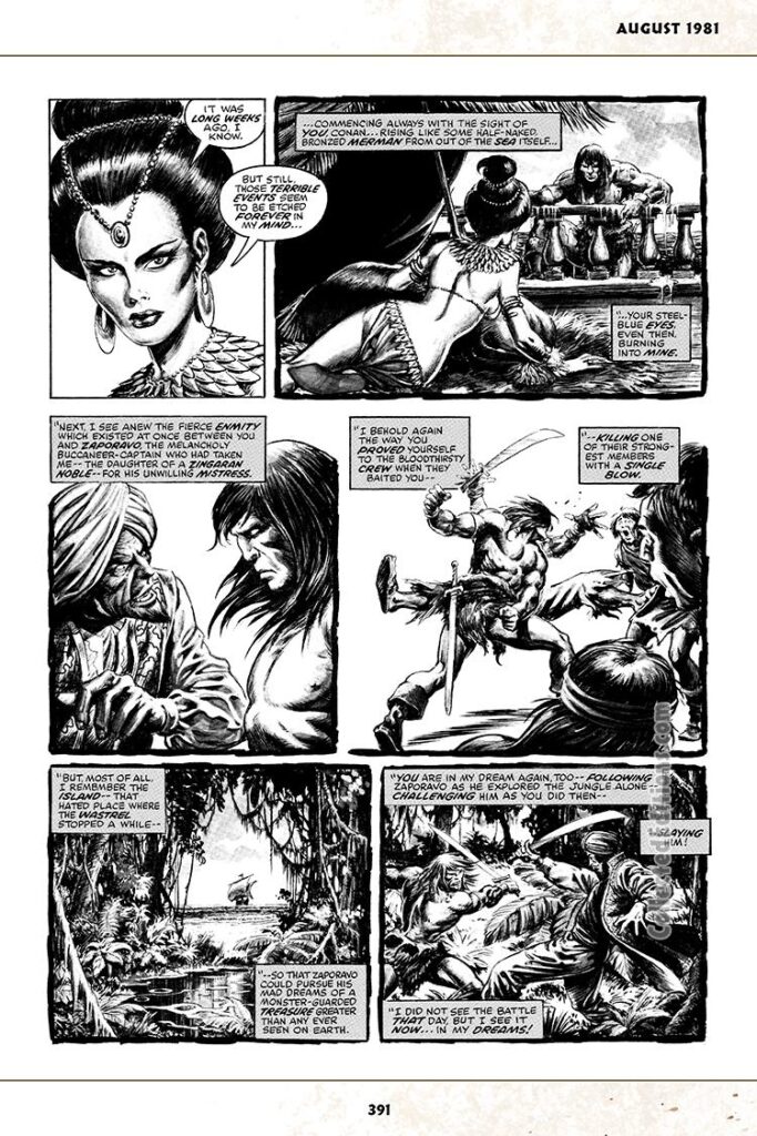 Savage Sword of Conan #67, “Plunder of Death Island”, pg. 5; pencils, John Buscema; inks, Alfredo Alcala; Conan the Barbarian, merman, Zaporavo, Zingara