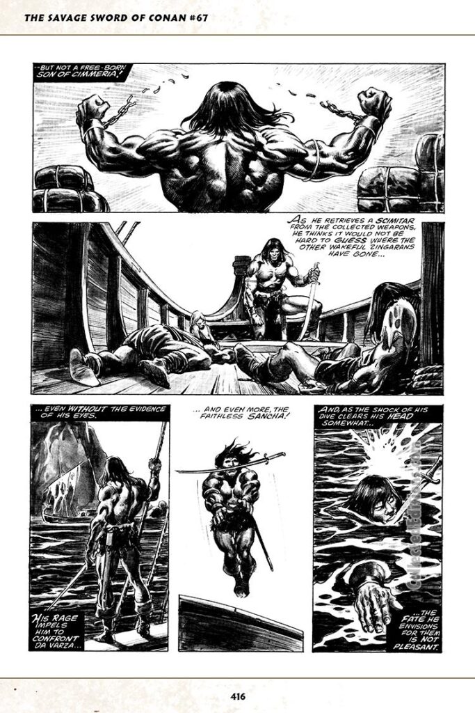 Savage Sword of Conan #67, “Plunder of Death Island”, pg. 30; pencils, John Buscema; inks, Alfredo Alcala; Conan the Barbarian, bondage, dagger, sword