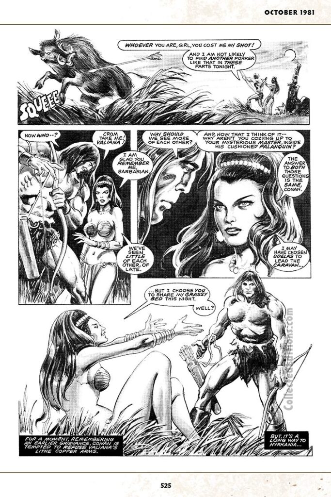 Savage Sword of Conan #69, “Eye of the Sorcerer”, pg. 21; pencils, Ernie Chan; inks, Alfredo Alcala; Conan the Barbarian, Valiana, wild boar