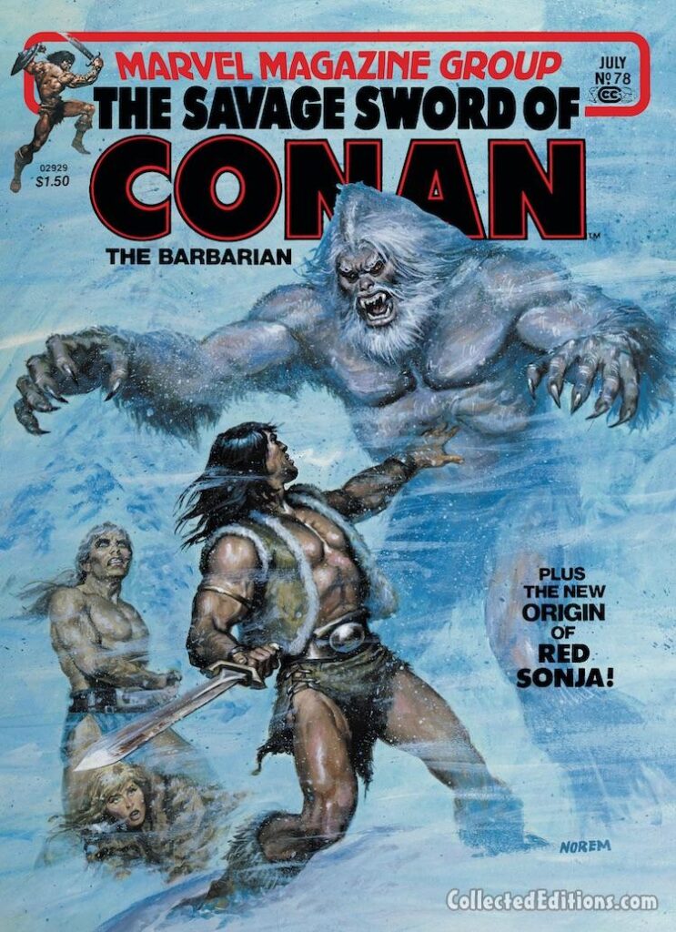 Savage Sword of Conan #78 cover; painted art by Earl Norem; Abominable Snowman, yeti, Origin of Red Sonja