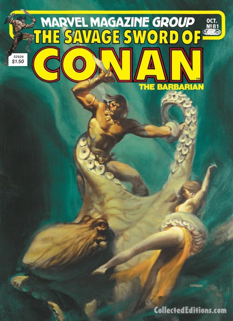 Savage Sword of Conan #81 cover; painted art by Joe Chiodo; giant squid, octopus