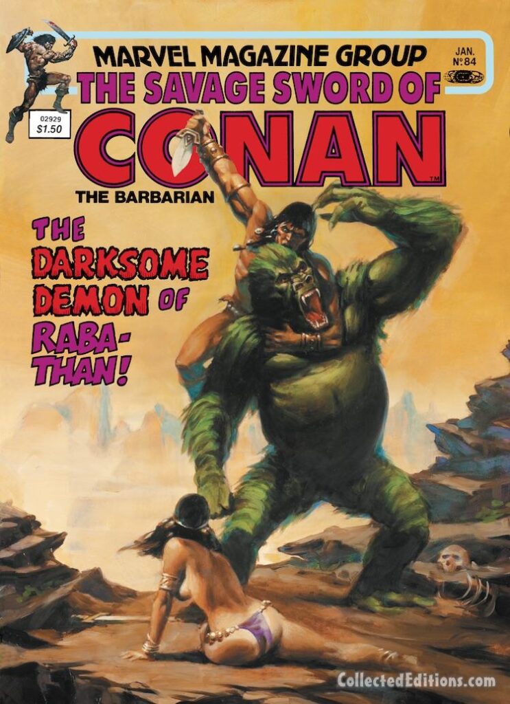 Savage Sword of Conan #84 cover; painted art by Joe Chiodo; The Darksome Demon of Raba-Than, gorilla