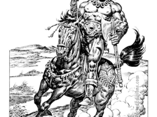 Savage Sword of Conan #102. &ldquo;The Iron Lions of the Kharamun&rdquo;, pg. 51; pencils, Gary Kwapisz; inks, Ernie Chan; Jepthah Ben Zuun, Koth, Zuagir, Kharamun, horseback