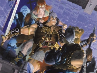 Savage Sword of Conan #105 cover; painted art by Michael Golden; black and white magazine