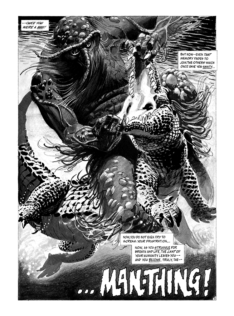 Savage Tales #1, pg. 26. Man-Thing in “Man-Thing”; pencils and inks, Gray Morrow; black and white magazine, swamp creature