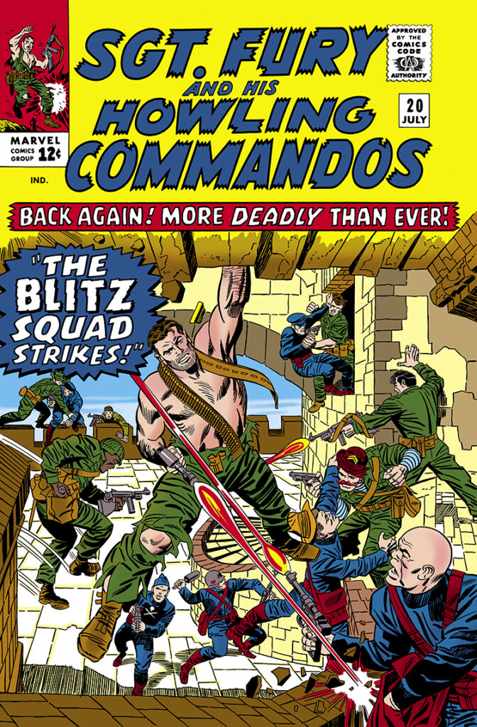 Sgt. Fury and His Howling Commandos #20 cover; pencils, Jack Kirby; inks, Frank Giacoia; Back Again More Deadly Than Ever, The Blitz Squad Strikes, Nick Fury, Dum Dum Dugan, Gabe Jones, Baron Strucker