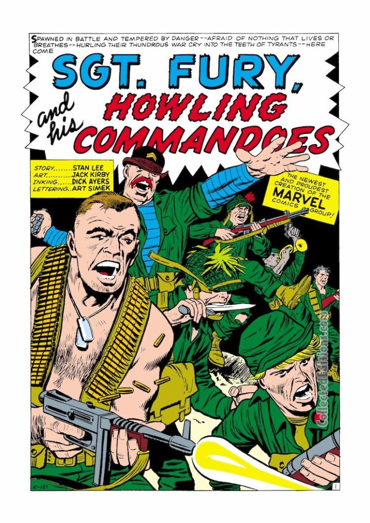 Sgt. Fury and His Howling Commandos #1, pg. 1; pencils, Jack Kirby; inks, Dick Ayers; first appearance, Nick Fury, Howlers, Stan Lee, splash page