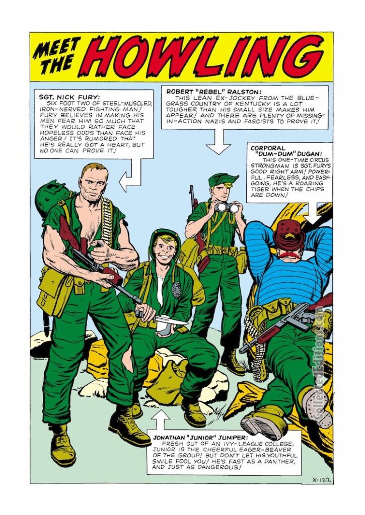 Sgt. Fury and His Howling Commandos #1, pgs. 2-3; pencils, Jack Kirby; inks, Dick Ayers; Nick Fury, Robert Rebel Ralston, Corporal Dum Dum Dugan, Jonathan Junior Juniper, pinup, first issue, origin