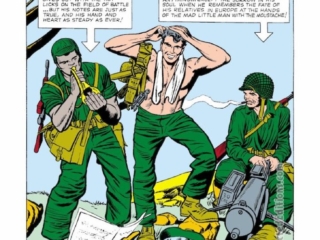 Sgt. Fury and His Howling Commandos #1, pgs. 2-3; pencils, Jack Kirby; inks, Dick Ayers; Nick Fury, Gabriel "Gabe" Jones, Israel "Izzy" Cohen, Dino Manelli, pinup