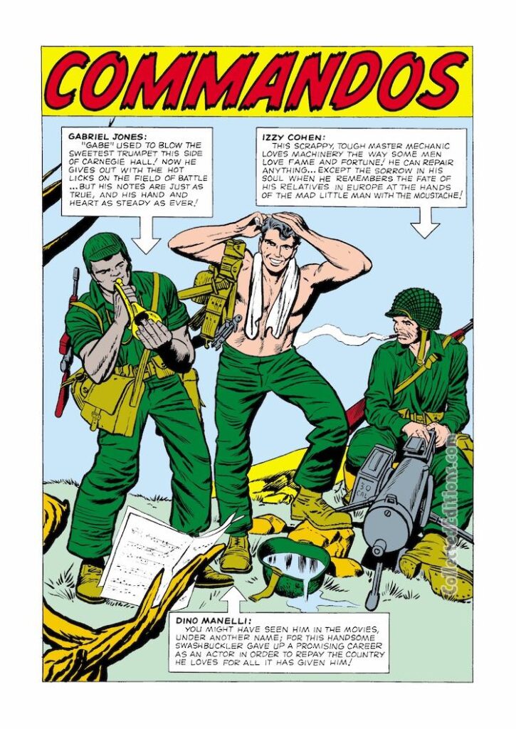 Sgt. Fury and His Howling Commandos #1, pgs. 2-3; pencils, Jack Kirby; inks, Dick Ayers; Nick Fury, Gabriel Gabe Jones, Israel Izzy Cohen, Dino Manelli, first issue pinup, origin