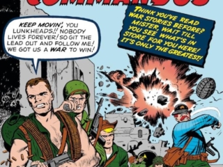 Sgt. Fury and His Howling Commandos #1 cover; pencils, Jack Kirby; inks, Dick Ayers; Seven Against the Nazis, first appearance, Stan Lee, Howlers, Dum Dum Dugan