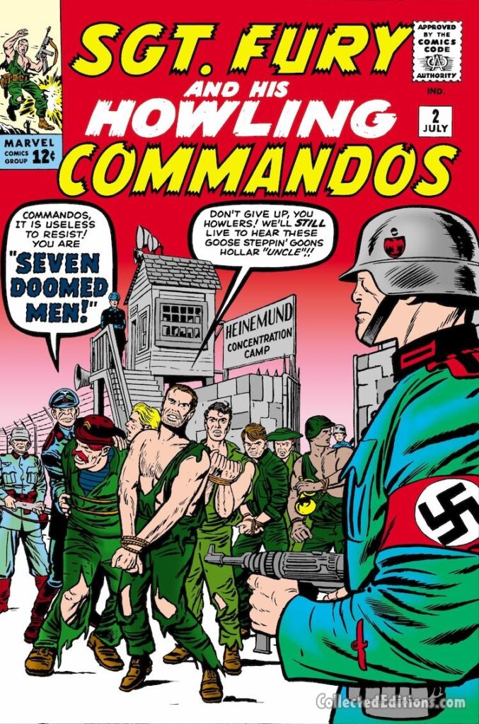 Sgt. Fury and His Howling Commandos #2 cover; pencils, Jack Kirby; inks, Dick Ayers; Seven Doomed Men, Nick Fury, prison camp, Heinemund concentration camp, Nazis