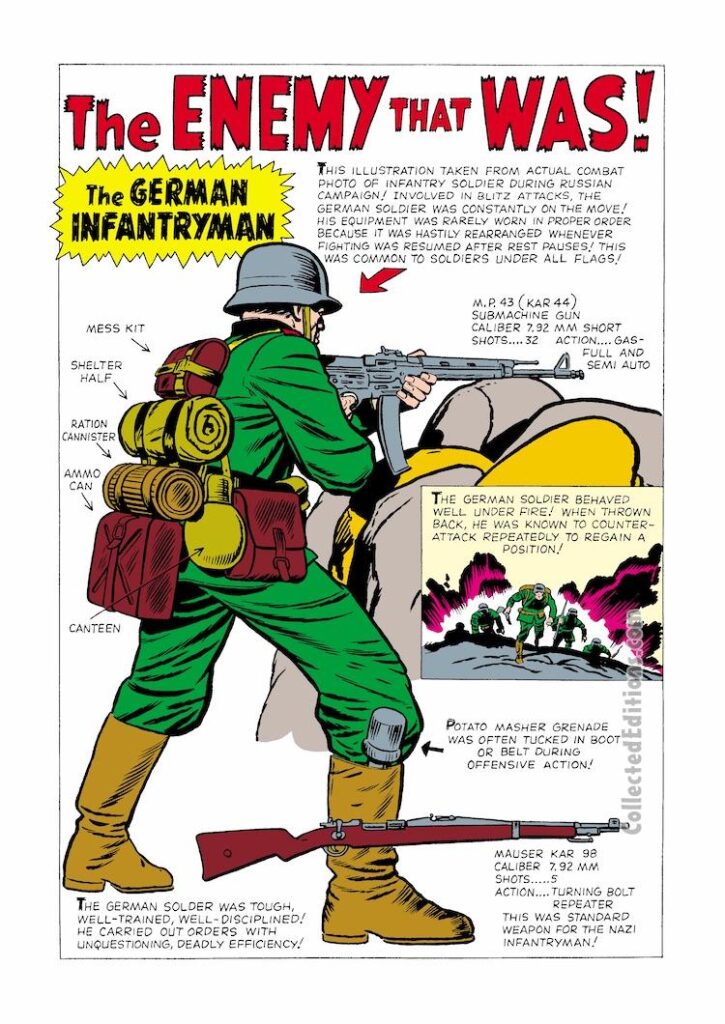 Sgt. Fury and His Howling Commandos #2, pg. 24; pencils, Jack Kirby; inks, Dick Ayers; The Enemy That Was, World War II, WWII, The German Infantryman pinup, M.P 43 Submachine Gun, KAR 44, potato masher grenade