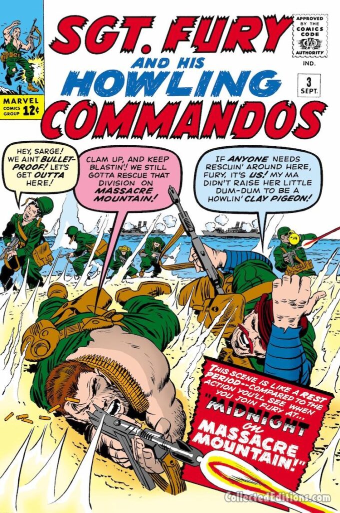 Sgt. Fury and His Howling Commandos #3 cover; pencils, Jack Kirby; inks, Dick Ayers; Midnight on Massacre Mountain, Rebel Ralston, Gabe Jones, horn, Dum Dum Dugan
