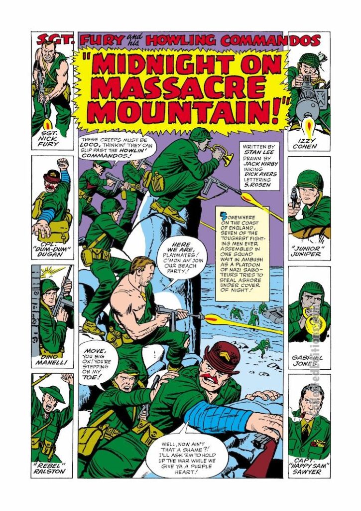 Sgt. Fury and His Howling Commandos #3, pg. 1; pencils, Jack Kirby; inks, Dick Ayers; Midnight on Massacre Mountain, splash page, Nick Fury, Stan Lee, dino Manelli, Dum Dum Dugan, Rebel Walston, Izzy Cohen, Junior Juniper, Gabe Jones, Happy Sam Sawyer