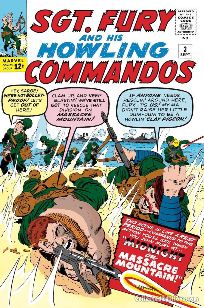 Sgt. Fury and His Howling Commandos #3 cover; pencils, Jack Kirby; inks, Dick Ayers; Midnight on Massacre Mountain, Rebel Ralston, Gabe Jones, horn, Dum Dum Dugan